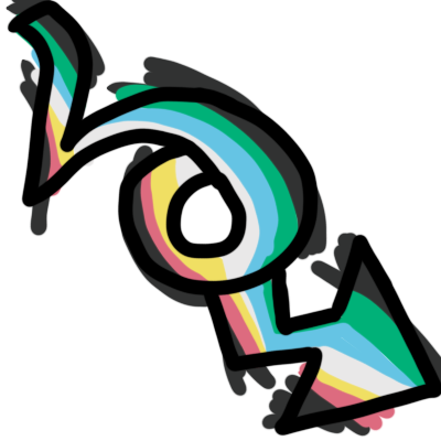 A diagonal downwards-forwards arrow that zigzags and loops in on itself so it is shaped like a wheelchair moving forwards. It is coloured with the stripes of the disability pride flag, which curve and bend, intersect one another, and spill outside the boundaries of the lineart.